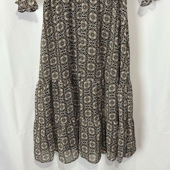 1State Paisley Printed V Neck Ruched Metallic Thread Boho Midi Dress Modest Sz S - Picture 3 of 8